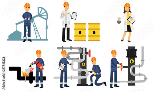 Characters Of Workers In The Oil Industry At Different Stages Of Production Vector Illustration Set Isolated On White Background