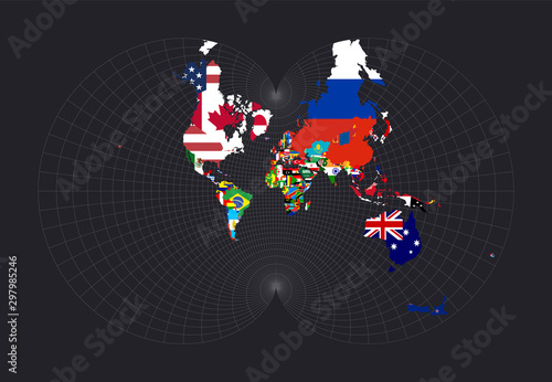 World map with all countries and their flags. Eisenlohr conformal projection. Map of the world with meridians on dark background. Vector illustration.