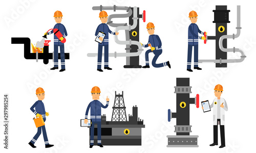 Engineers, Scientists And Workers Characters In The Oil Industry At Different Stages Of Production Vector Illustration Set