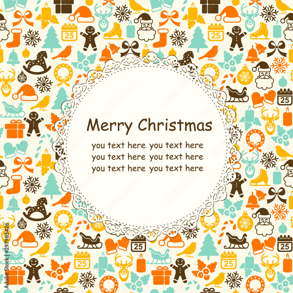 Vector merry christmas background with flat icons and place for text