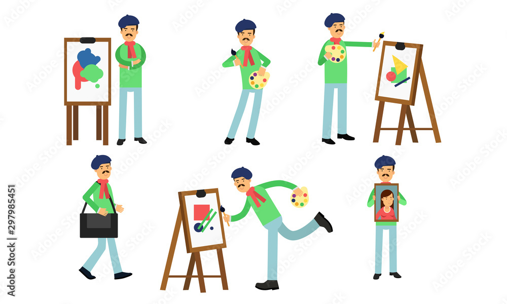 Artists Drawing On Canvas Paintings In Different Styles Vector Illustration Set Isolated On White Background