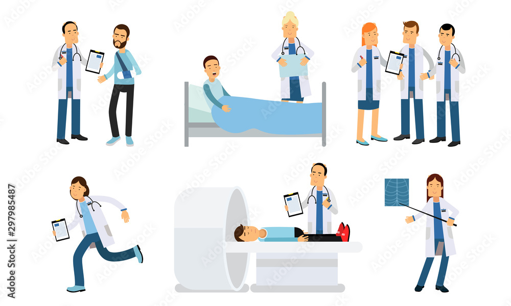 Medical Staff And Patients In Different Situations At Hospital Vector Illustration Set Isolated On White Background Medical Staff And Patients In Different Situations At Hospital Vector Illustration Set Isolated On White Background