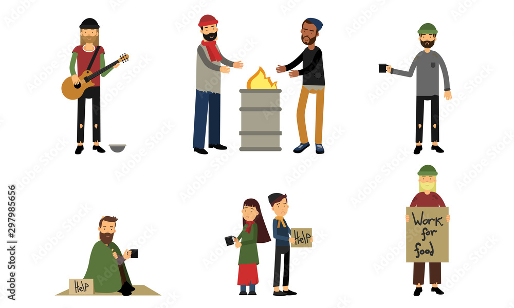 Homeless And Poor People Characters In Different Actions Vector Illustration Set Isolated On White Background Homeless And Poor People Characters In Different Actions Vector Illustration Set Isolated On White Background