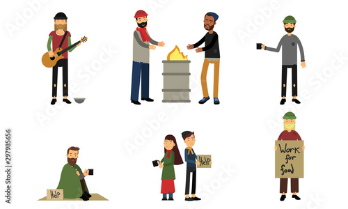 Homeless And Poor People Characters In Different Actions Vector Illustration Set Isolated On White Background