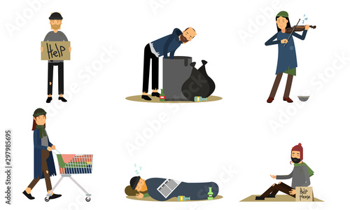 Homeless People Try To Survive On The Street Vector Illustration Set Isolated On White Background