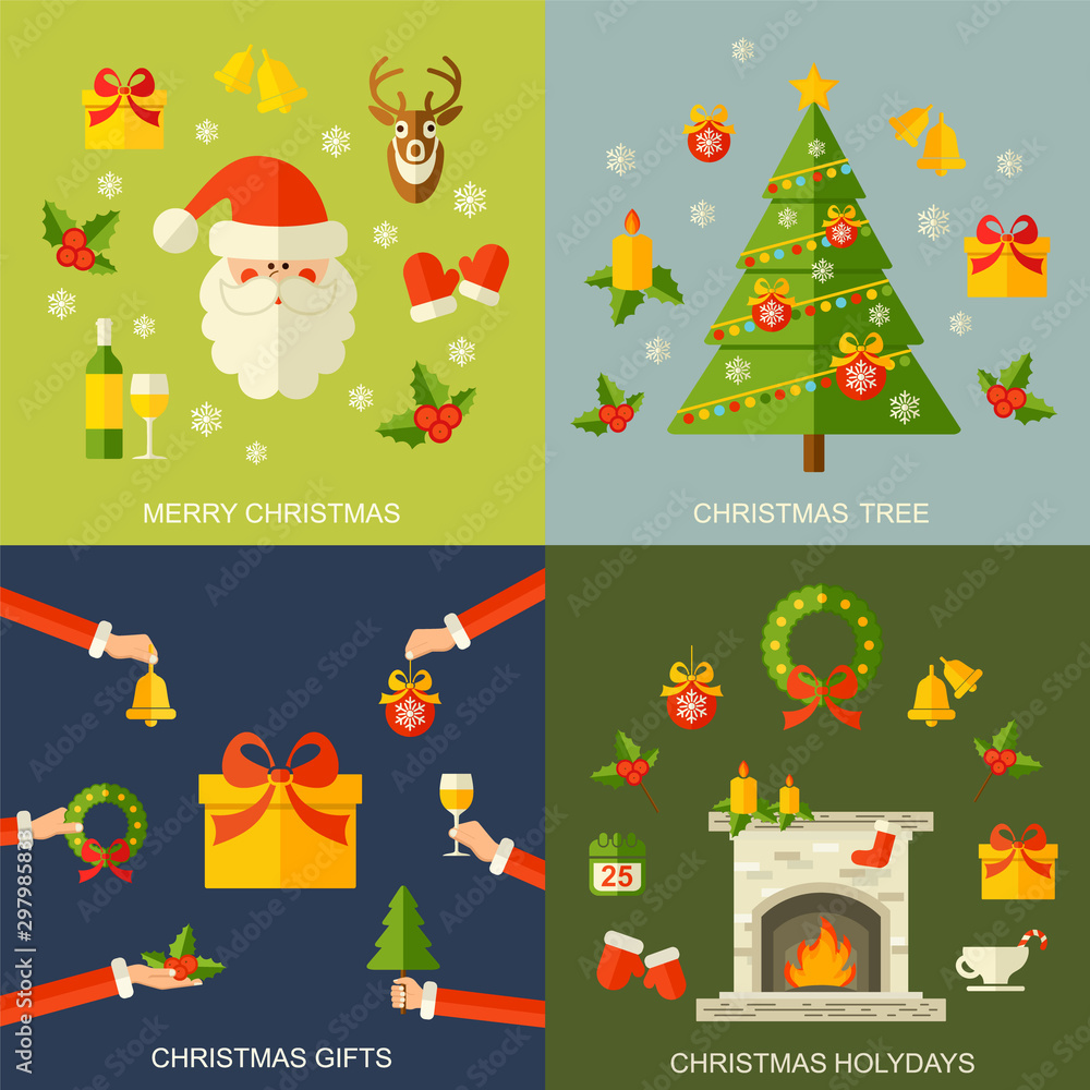 Christmas flat concept with happy holidays at home, christmas gifts and xmas tree isolated vector illustration. Happy new year background. Christmas flat concept with happy holidays at home, christmas gifts and xmas tree isolated vector illustration. Happy new year background.