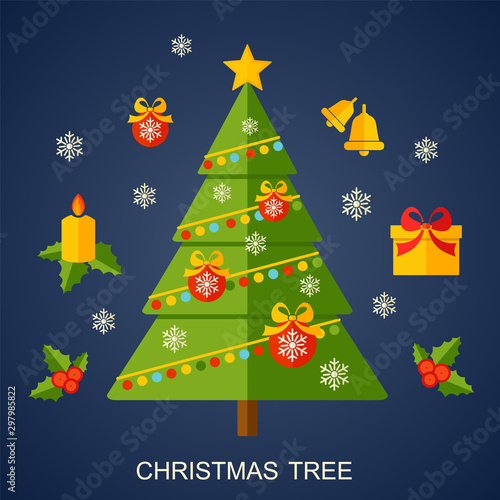 Christmas vector background with flat icons. Christmas tree.