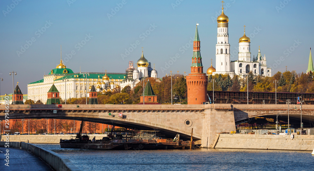 Moscow, Russia, Kremlin embankment. The embankment runs along the Moskva river past the southern wall of the Kremlin with seven towers. Moscow, Russia, Kremlin embankment. The embankment runs along the Moskva river past the southern wall of the Kremlin with seven towers.