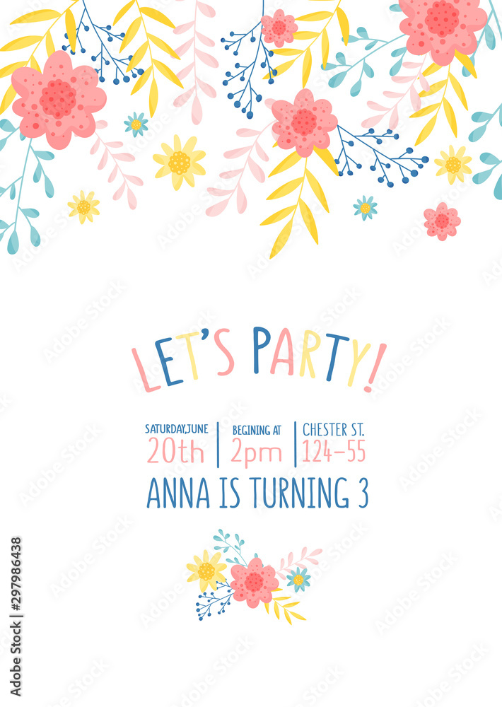 Cute Pastel Floral Design For Invitation To Party Vector Illustration Cute Pastel Floral Design For Invitation To Party Vector Illustration