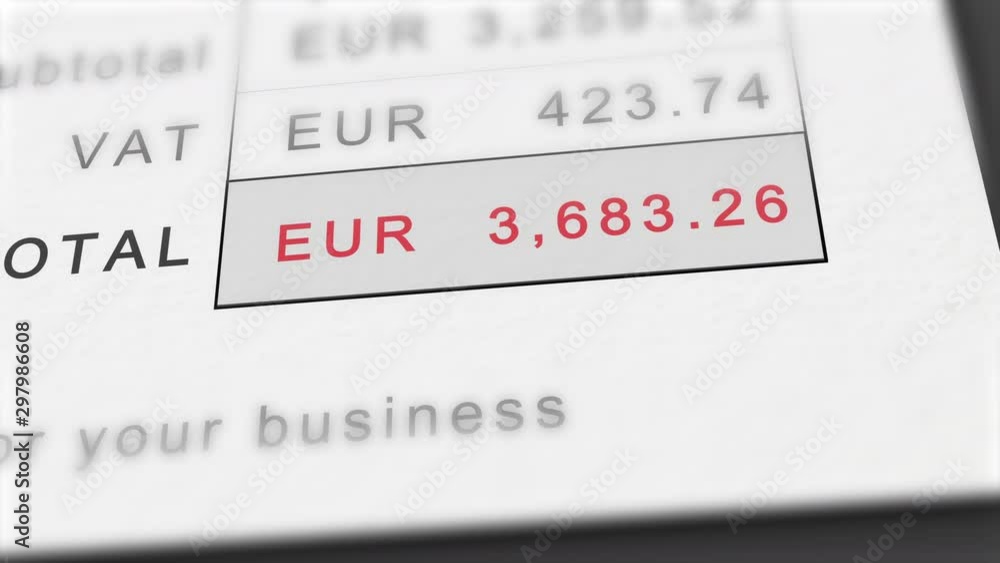 Close up animation of growing invoice total in euros - stylized as EUR. Includes VAT. Costs grow infinitely. Total in red. Close up animation of growing invoice total in euros - stylized as EUR. Includes VAT. Costs grow infinitely. Total in red.