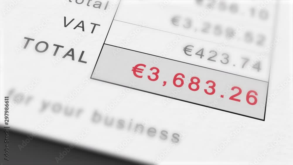 Animated growing invoice total in euros - including VAT. Costs grow infinitely. Total in red. Animated growing invoice total in euros - including VAT. Costs grow infinitely. Total in red.