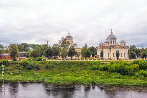 The Savior-Transfiguration Cathedral at the embankment of Tvertsa river in Torzhok, Russia.