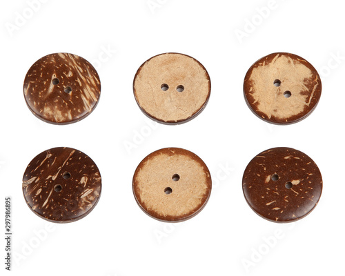 Set of coconut wood natural buttons isolated on white background