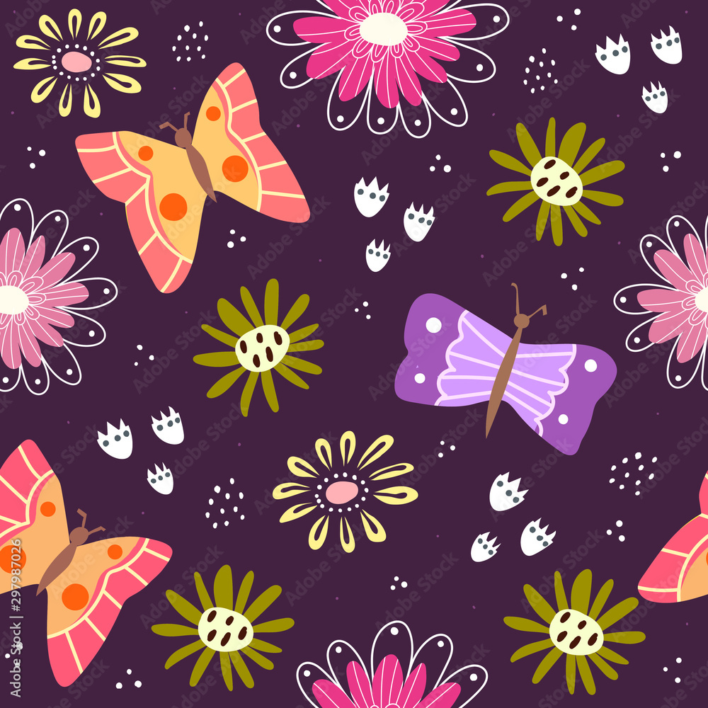 Seamless pattern with cartoon flowers, butterflies, decor elements on a neutral background. Vector flat style. hand drawing. plants theme. Design for fabric, textile, wrapper, print. Seamless pattern with cartoon flowers, butterflies, decor elements on a neutral background. Vector flat style. hand drawing. plants theme. Design for fabric, textile, wrapper, print.