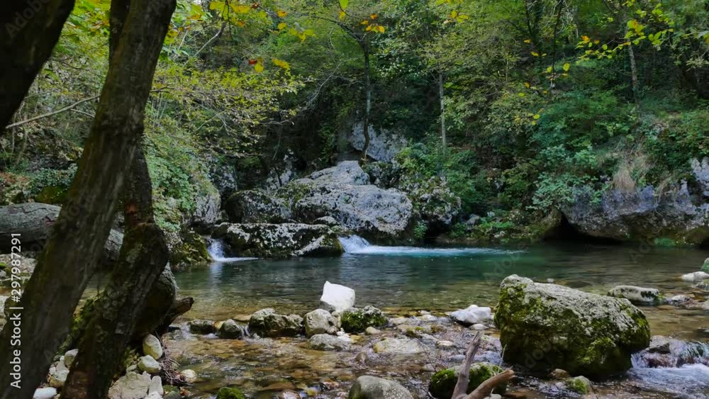 water lagoon with river flowing through waterfalls and rapids in it reveal dolly shot from behind the tree water lagoon with river flowing through waterfalls and rapids in it reveal dolly shot from behind the tree