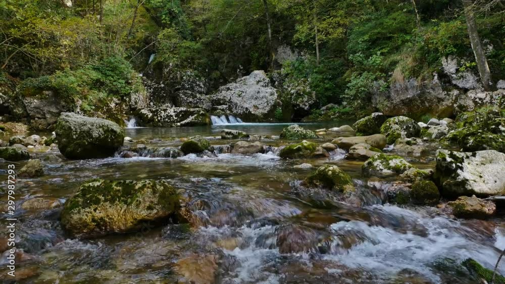 river stream flowing over mossy rocks from the forest low wide angle shot with camera dolly river stream flowing over mossy rocks from the forest low wide angle shot with camera dolly