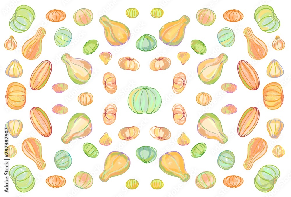 Backdrop with pumpkins. Isolated on a white background. Raster graphics.