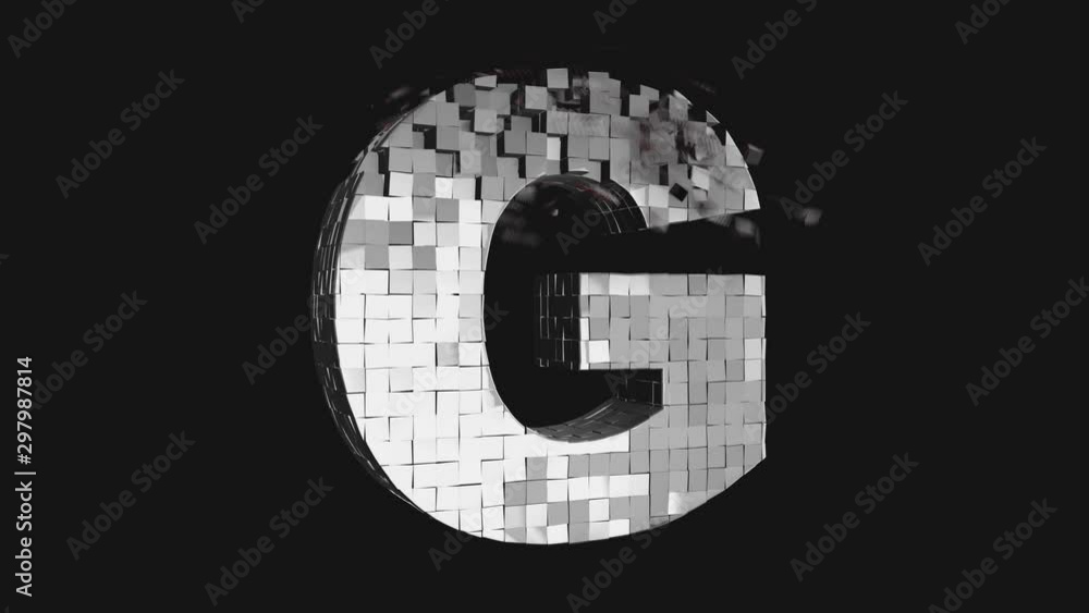 Transformer font - Build and destroy letter G from metallic cubes, 3D letter animation on dark and chroma key green screen background in 4K Transformer font - Build and destroy letter G from metallic cubes, 3D letter animation on dark and chroma key green screen background in 4K