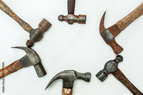 Set of vintage hammer antique carpenter wood working on white background, Isolate old hammer for wood industry photo