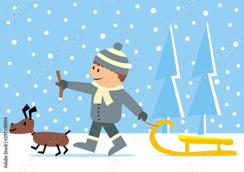 Boy with dog and sledge, vector illustration, blue background with snowflakes