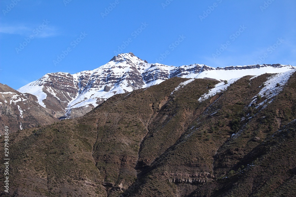 high snowy mountains in a valley of the Andes mountain range in Chile