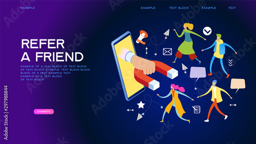 Referral marketing. Promotion method. Refer a friend loyalty program. A group of people come out of a smartphone. Men and women with speech bubbles and icons. 3d vector isometric illustration.