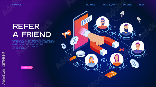 Referral marketing. Promotion method. Refer a friend loyalty program. A group of people come out of a smartphone. Men and women with speech bubbles and icons. 3d vector isometric illustration.