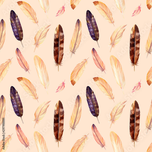 seamless pattern, feathers, watercolor painting, hand drawing
