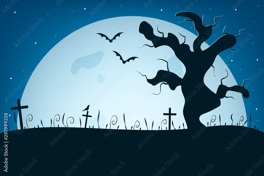 Halloween landscape with grave, bat, bird, tree and moon. Magic autumn holiday elements. Vector illustration design.