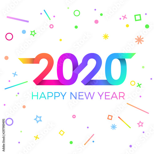 2020 Happy New Year. Paper Memphis geometric bright style for holidays flyers, greetings, invitations, Happy New Year or Merry Christmas cards. Holiday background, poster, banner. Vector Illustration.