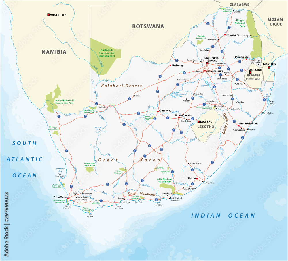 Fototapeta premium Mapa dróg i Parku Narodowego Republiki Południowej Afryki