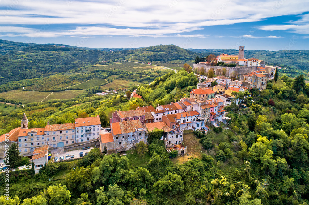 Motovun. Aerial view of idyllic hill town of Motovun and Mirna river valley.