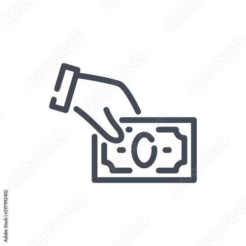 Hand with dollar note, payment and donation line icon. Cash on hand vector outline sign.