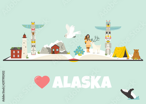 Tourist poster with animals and landmarks of Alaska.