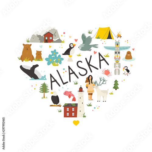 Tourist poster with animals and landmarks of Alaska.