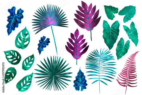 Tropical leaves neon watercolor. Fan palm. Bright pink  turquoise  blue  purple colors.
