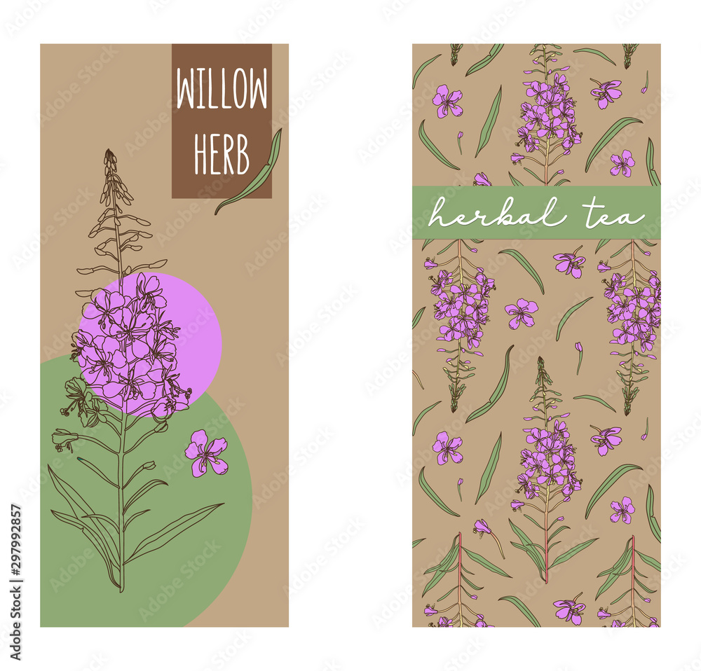 Vector set of herbal tea labels with willow herb, chamerion