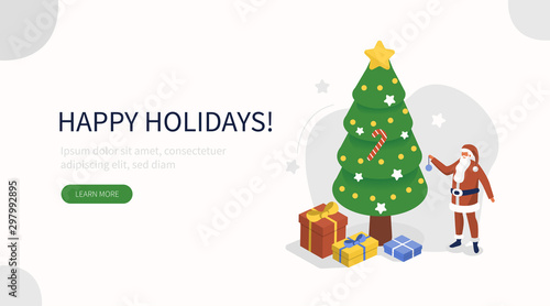  Santa Claus Decorating Christmas Tree and preparing Gift Boxes. Holiday Character Celebrating winter Holidays. Merry Christmas and Happy New Year concept. Flat Isometric Vector Illustration.