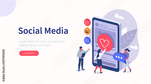 People Characters standing near Smartphone and looking at new Social Media Post. Woman and Man leaving Comments and likes for Photo in Mobile App. Flat Isometric Vector Illustration. photo