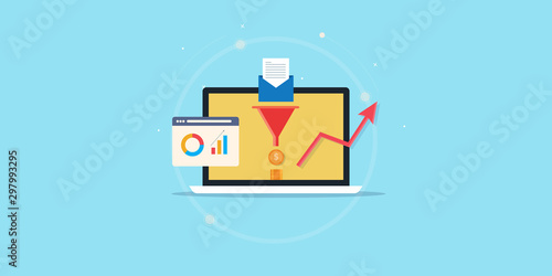 Email marketing - conversion rate optimization - marketing funnel - data analytic concept. Flat design web banner template.