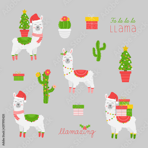 Christmas llama vector illustration set. Cute trendy festive seasonal xmas llama collection. Alpaca, cactus, writings and christmas tree. Isolated graphic print cartoon character.