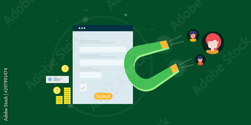 Flat design concept of magnet pulling new customer, inbound marketing, conversion page optimization, lead generation concept.