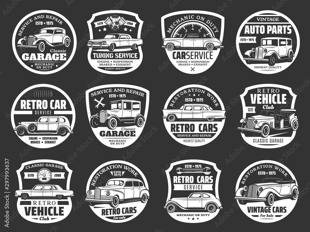 Retro cars service, motor show symbols