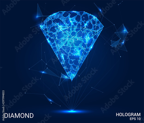 Hologram diamond. A diamond made of polygons, triangles of points and lines. Gemstones are low poly compound structure. The technology concept.
