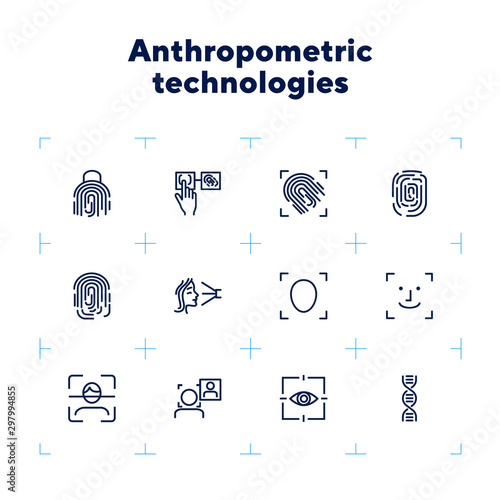 Anthropometric technologies line icon set. Scanning, identification, genes. Authentication concept. Can be used for topics like comparative analysis, criminology, forensics