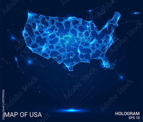 Hologram USA. Map of the United States of polygons, triangles of points and lines. Us map low poly connection structure. The technology concept.