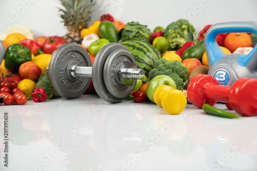 Healthy nutrition and equipment for fitness exercises.