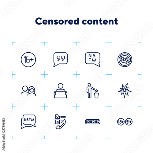Censored content line icon set. Stamp, adult content, man throwing paper. Control concept. Can be used for topics like safety, censorship, parental control, virus