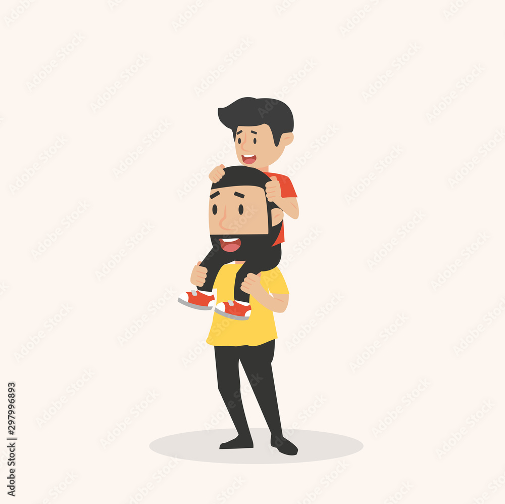 Happy Father Carries with son on Shoulders