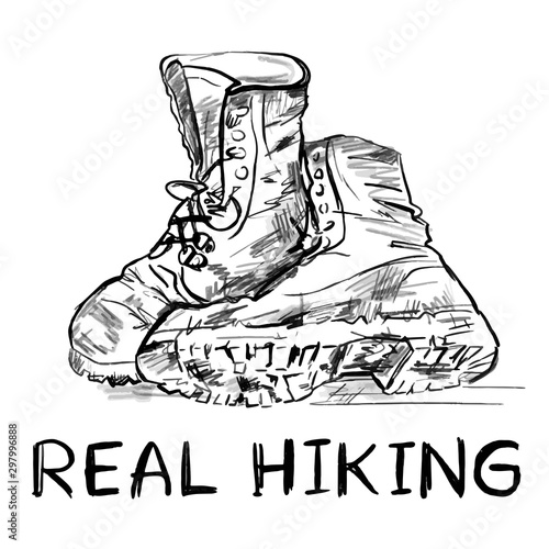 Real hiking sign with boots illustration. Hand drawn style. Vector isolated clipart.